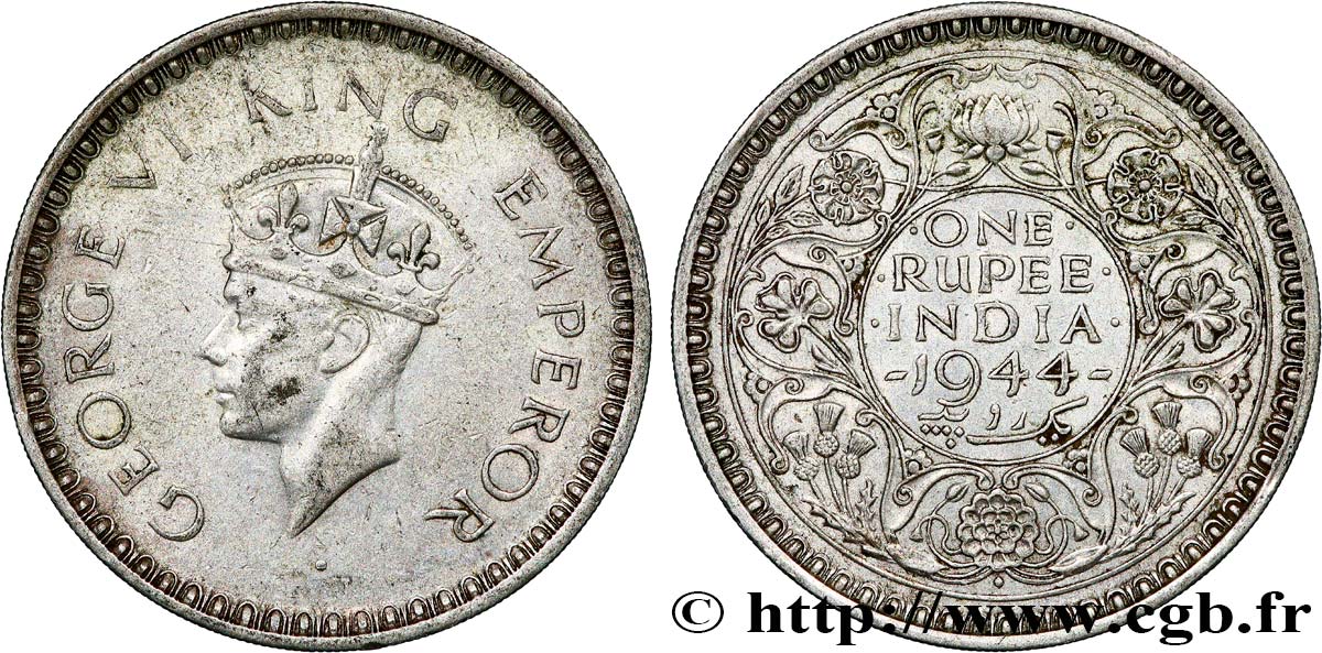 INDIA BRITÁNICA 1 Rupee (Roupie) Georges VI 1944 Bombay MBC 