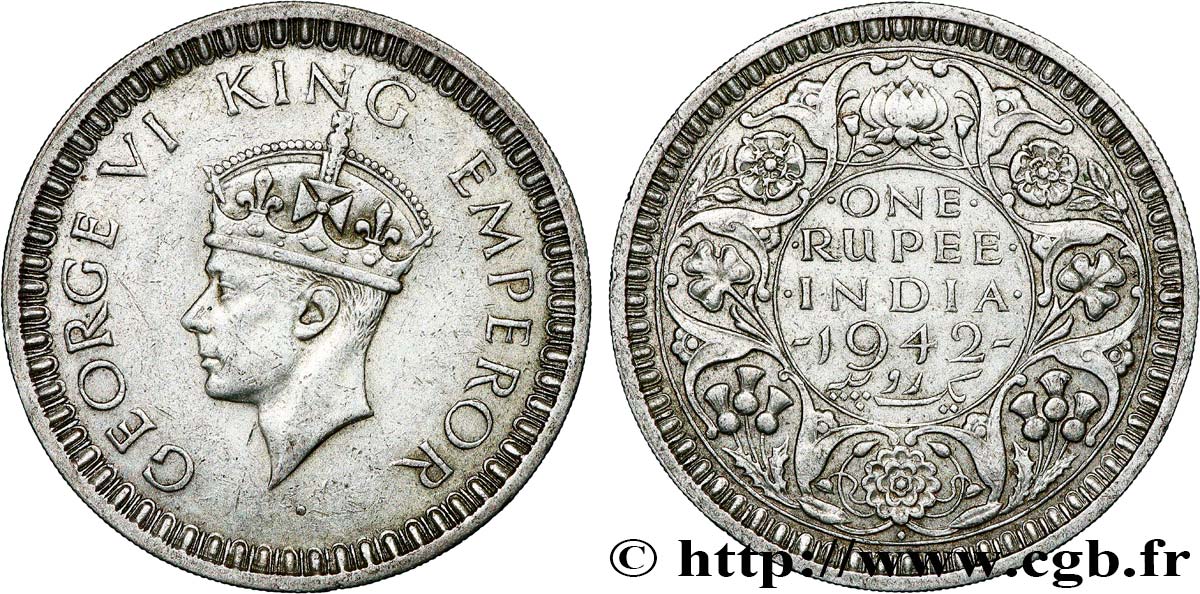 BRITISH INDIA 1 Roupie Georges VI couronné 1942 Bombay XF 