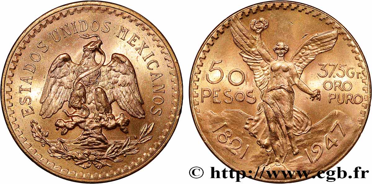 GOLD, PALLADIUM & PLATINUM INVESTMENT 50 Pesos or 1947 Mexico AU 