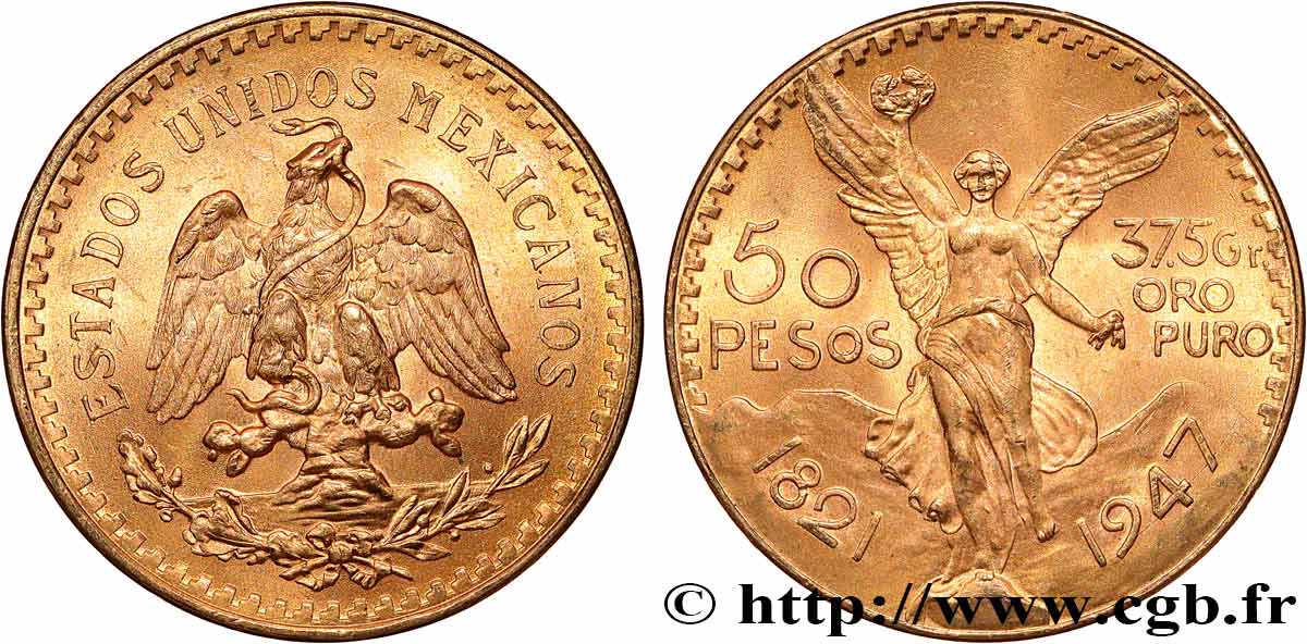 GOLD, PALLADIUM & PLATINUM INVESTMENT 50 Pesos or 1947 Mexico AU 