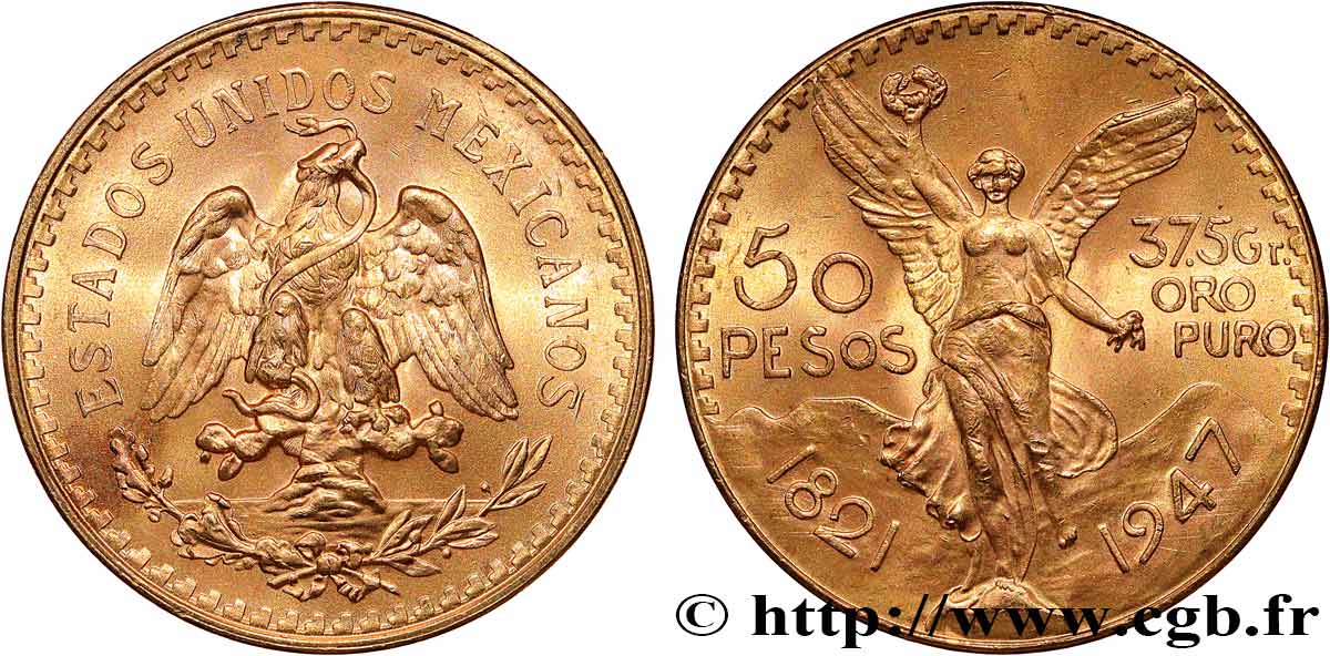 INVESTMENT GOLD 50 Pesos or 1947 Mexico EBC 