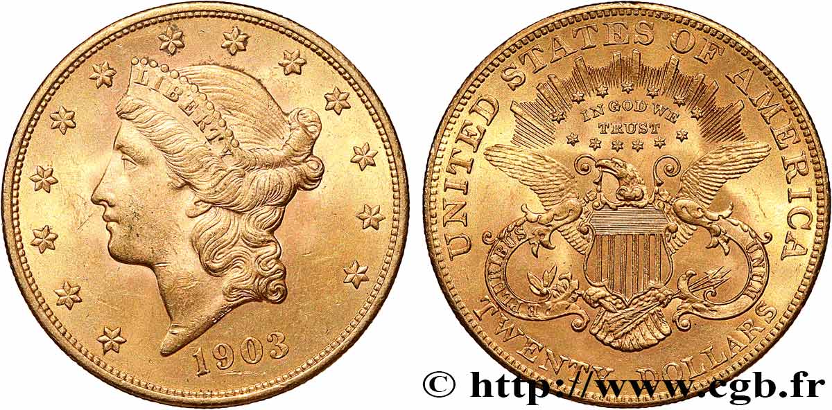 OR, PALLADIUM ET PLATINE INVESTISSEMENT 20 Dollars  Liberty  1903 Philadelphie TTB+ 