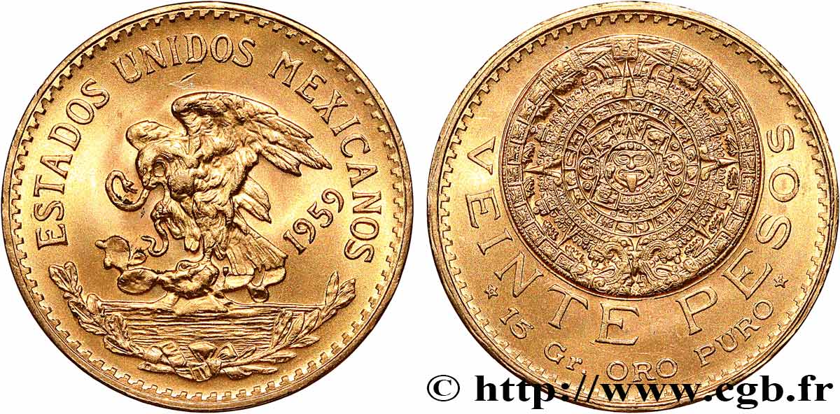 INVESTMENT GOLD 20 Pesos “Pierre du Soleil” (calendrier aztèque) 1959 Mexico AU 