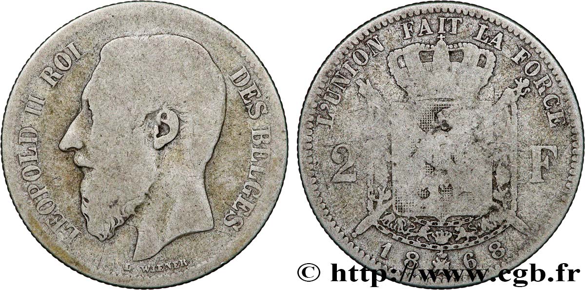 BELGIQUE 2 Francs Léopold II légende française 1868  B+ 