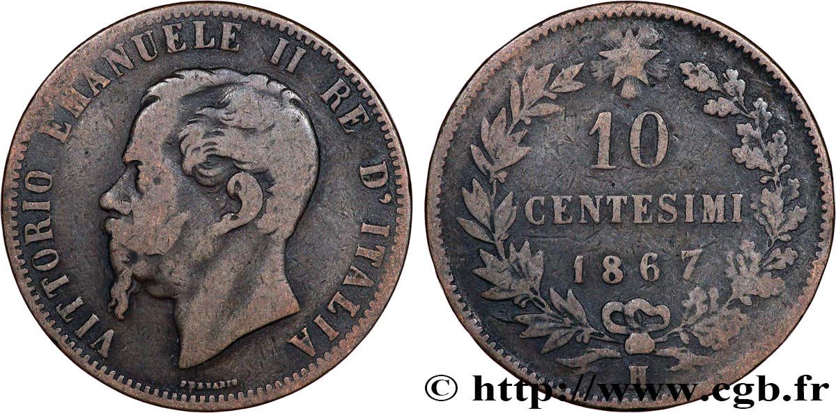 ITALIE 10 Centesimi Victor Emmanuel II 1867 Birmingham TB 