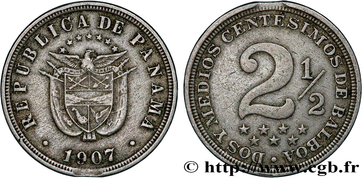 PANAMA 2 1/2 Centesimos  1907  VF 