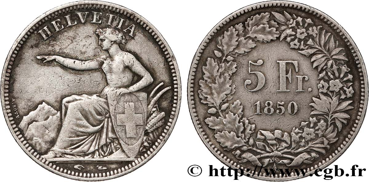 SUISSE - CONFEDERATION 5 Francs 1850 Paris XF 
