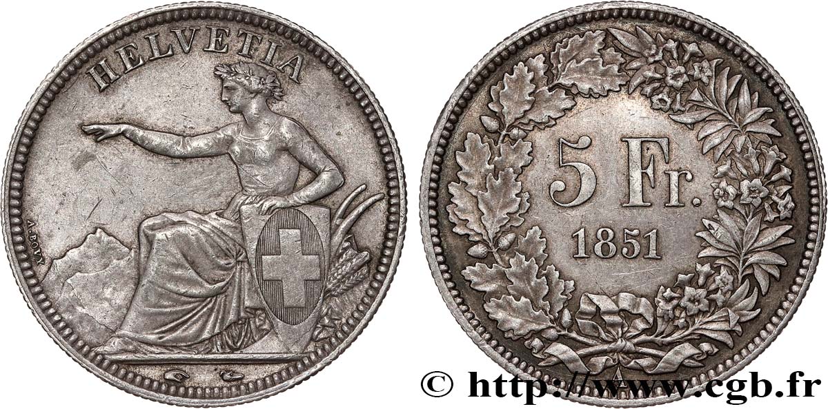 SUISSE - CONFEDERATION 5 Francs Helvetia assise 1851 Paris TTB+ 