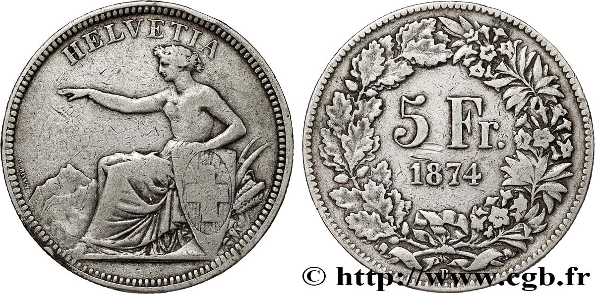 SUIZA 5 Francs Helvetia assise 1874 Bruxelles BC+ 