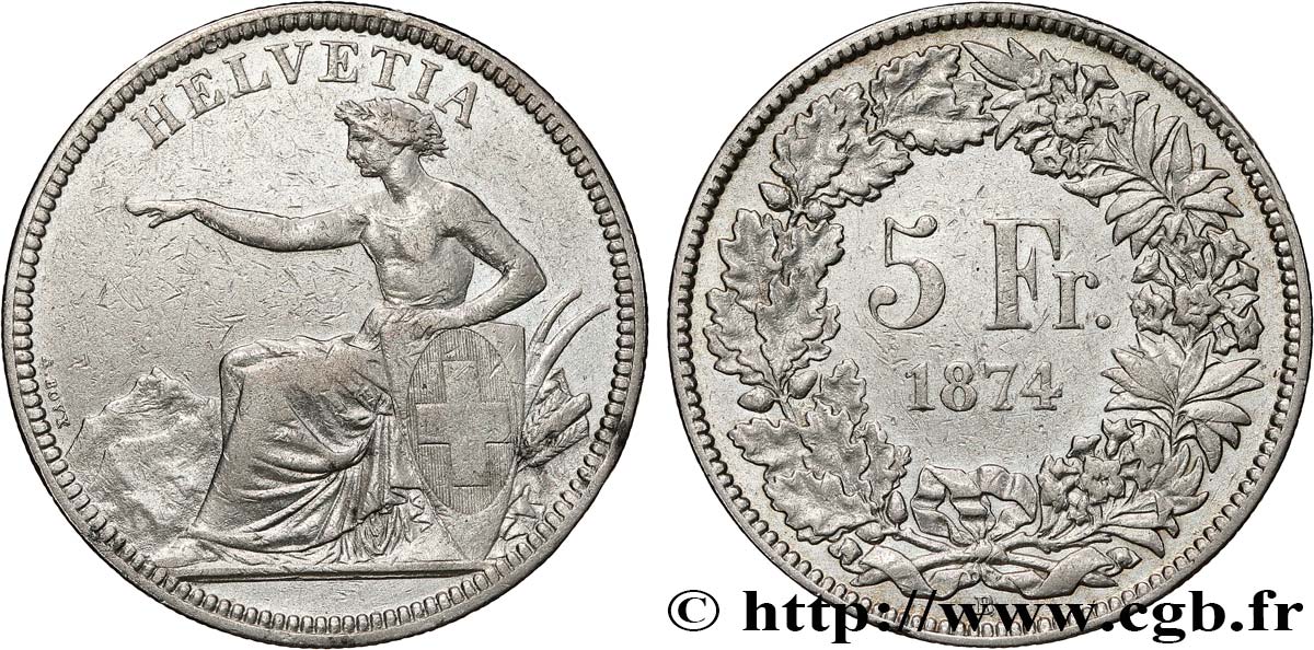 SUISSE 5 Francs Helvetia assise 1874 Berne TB+ 