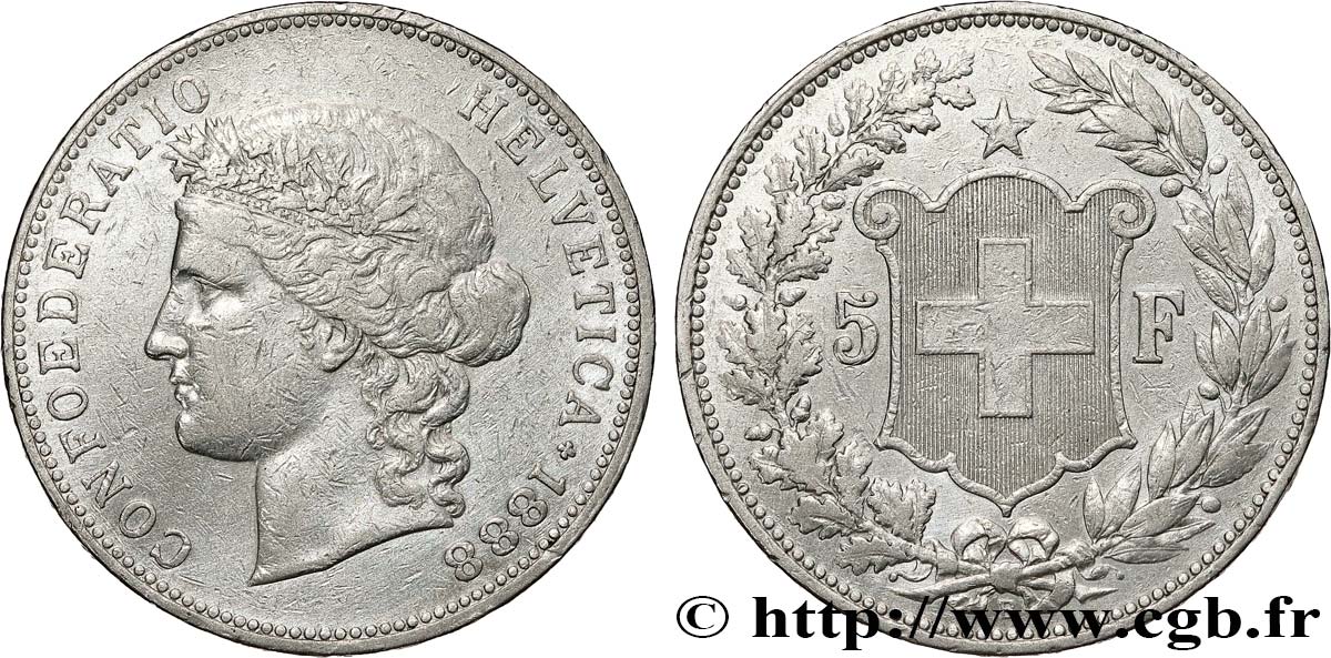 SUIZA 5 Francs Helvetia buste 1888 Berne BC+ 