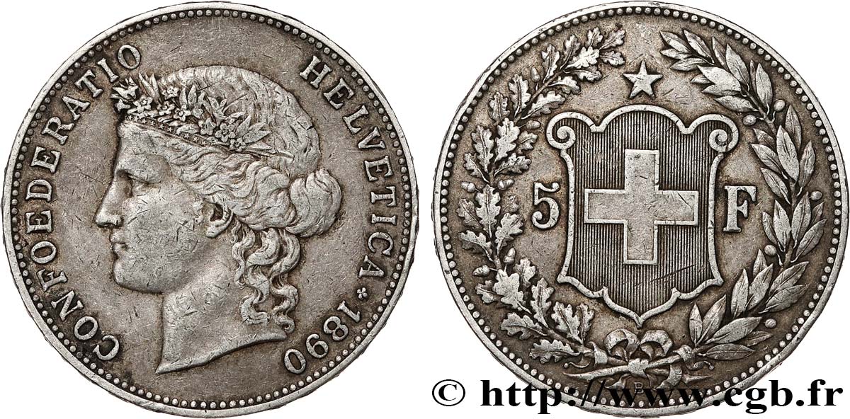 SWITZERLAND 5 Francs Helvetia 1890 Berne XF 