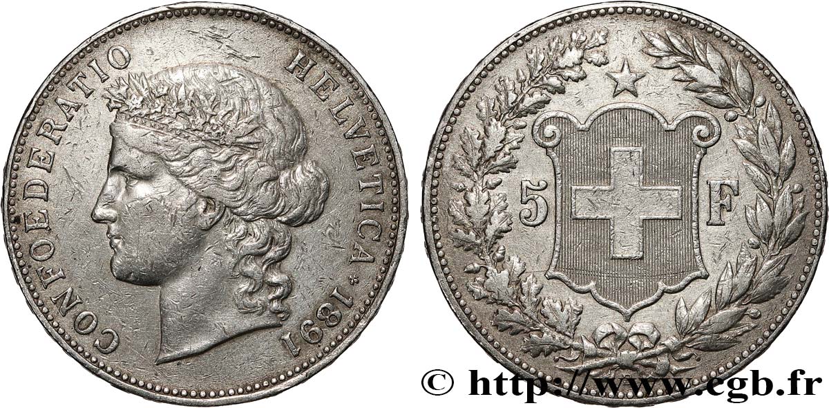 SWITZERLAND 5 Francs Helvetia 1891 Berne VF 
