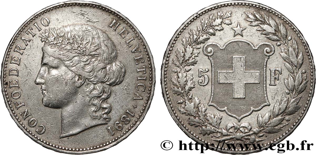 SUISSE 5 Francs Helvetia 1891 Berne TB+ 