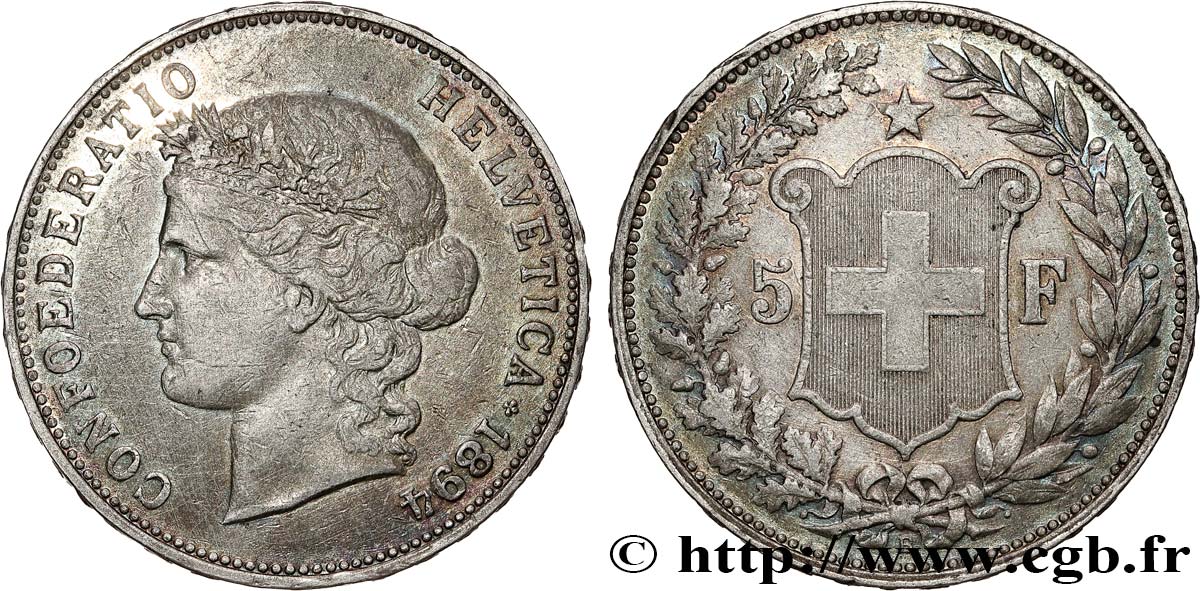 SUISSE 5 Francs Helvetia 1894 Berne TB+ 