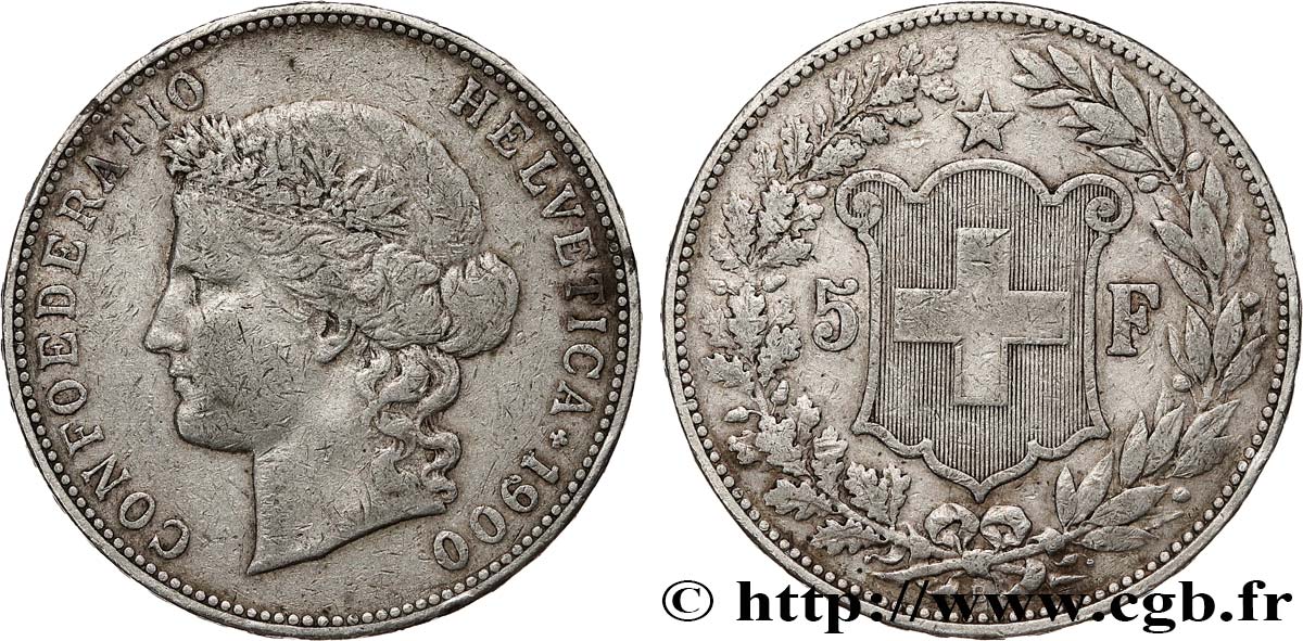SWITZERLAND - HELVETIC CONFEDERATION 5 Francs Helvetia 1900 Berne VF 