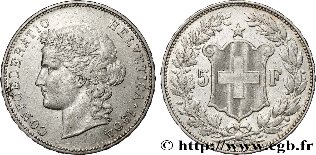 SWITZERLAND - HELVETIC CONFEDERATION 5 Francs Helvetia 1904 Berne XF 