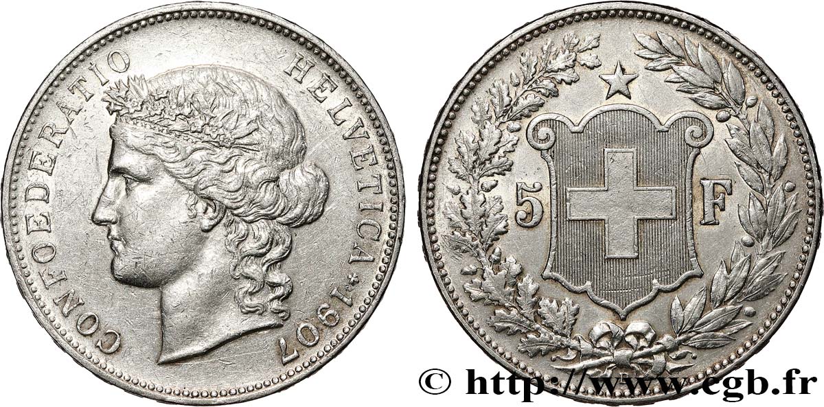 SWITZERLAND 5 Francs Helvetia 1907 Berne XF 