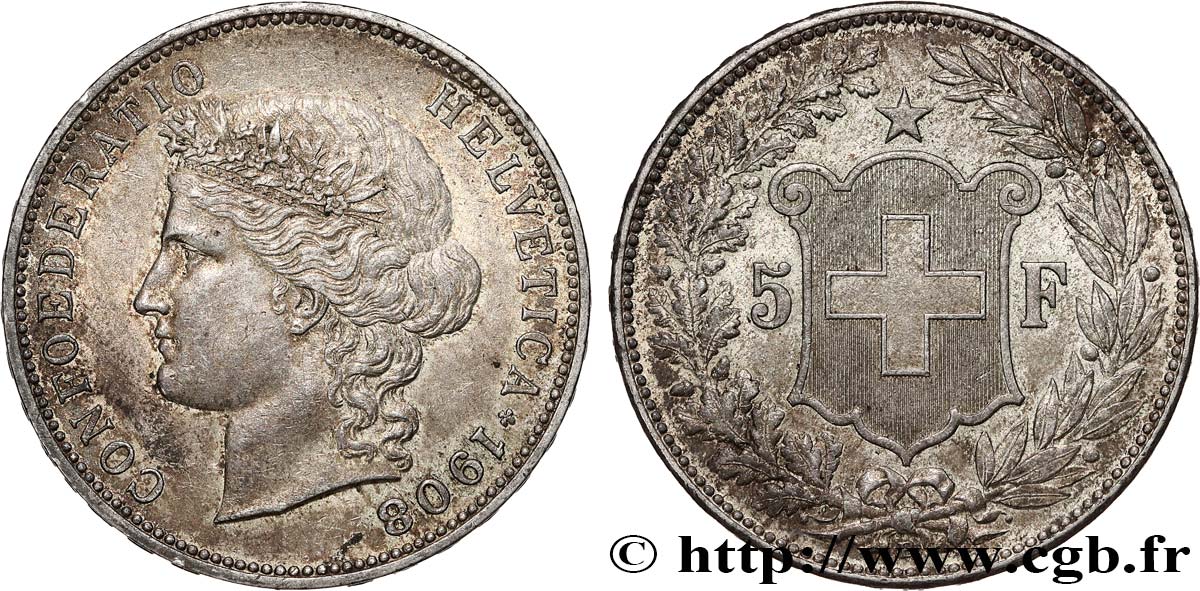SUIZA 5 Francs Helvetia 1908 Berne MBC 