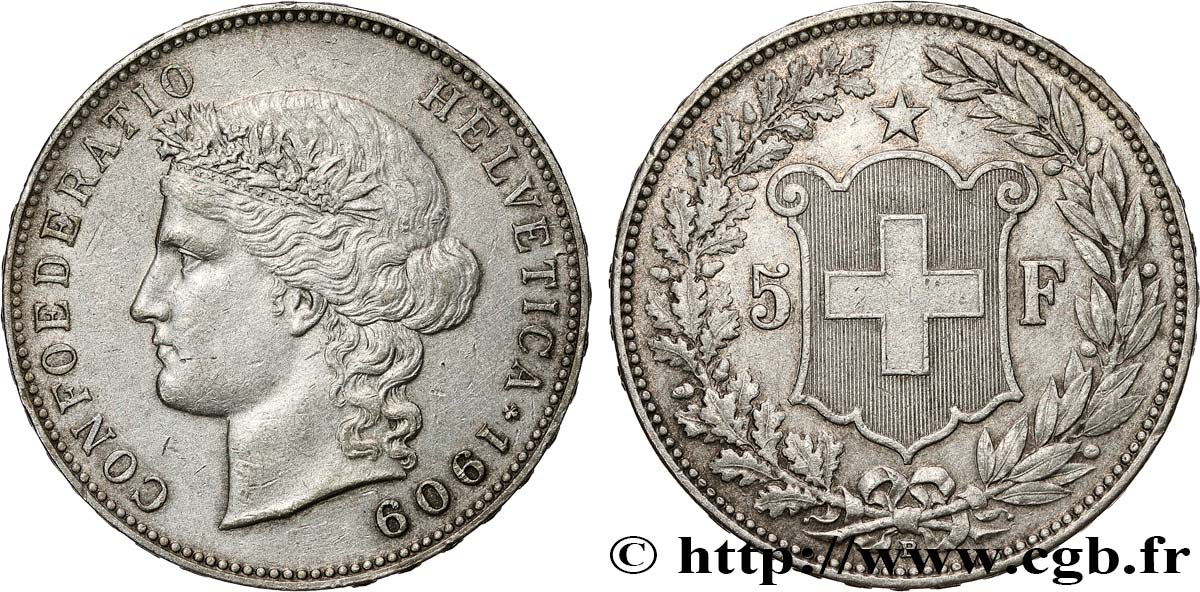 SUIZA 5 Francs Helvetia 1909 Berne MBC 