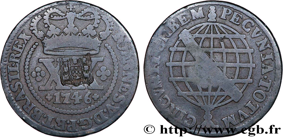 BRESIL - PRINCE JEAN REGENT 40 Réis contremarqué sur une 20 Reis 1746 au nom de Jean Prince Régent (1809)  q.BB 