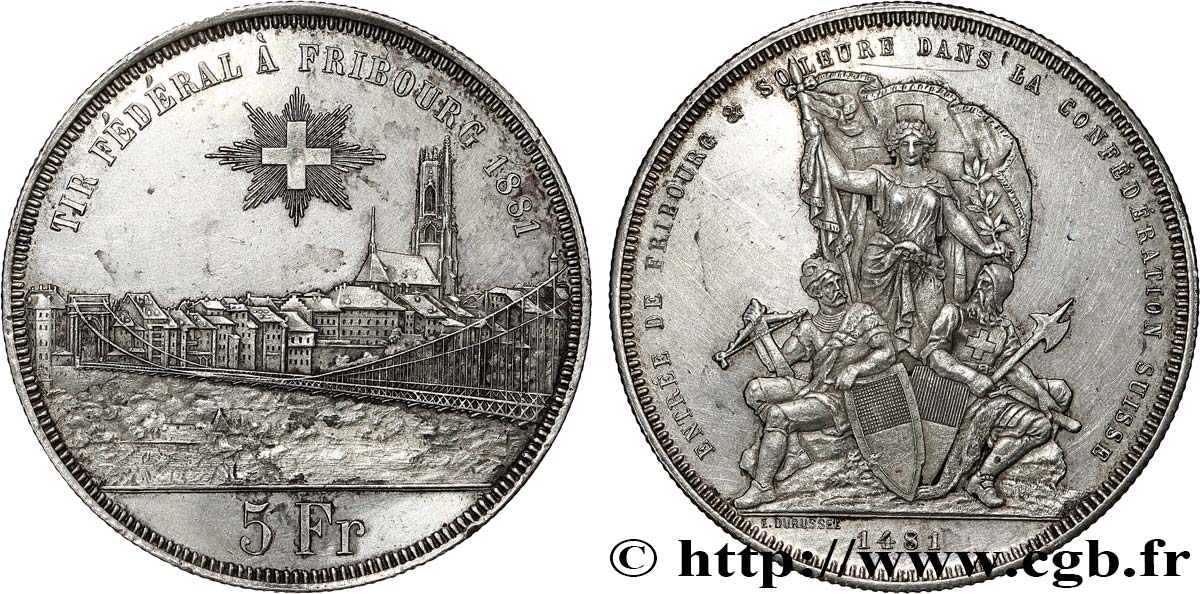 SUISSE 5 Francs, monnaie de Tir, Fribourg 1881  TTB 