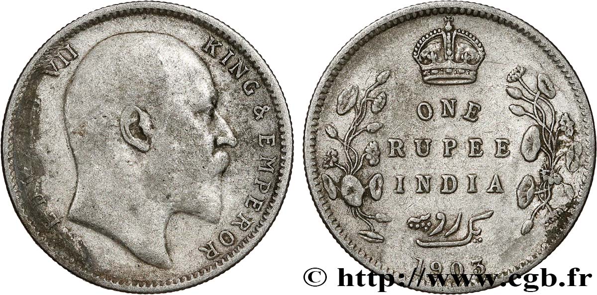 BRITISH INDIA 1 Rupee (Roupie) Edouard VII 1903 Calcutta VF/XF 