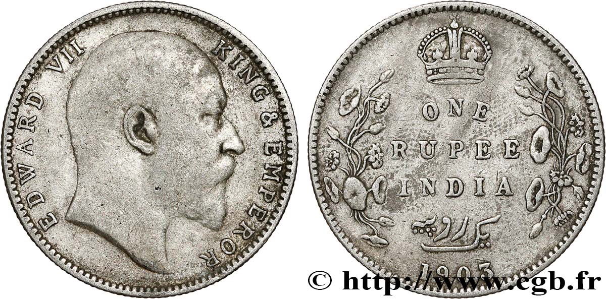 BRITISH INDIA 1 Rupee (Roupie) Edouard VII 1903 Bombay VF 