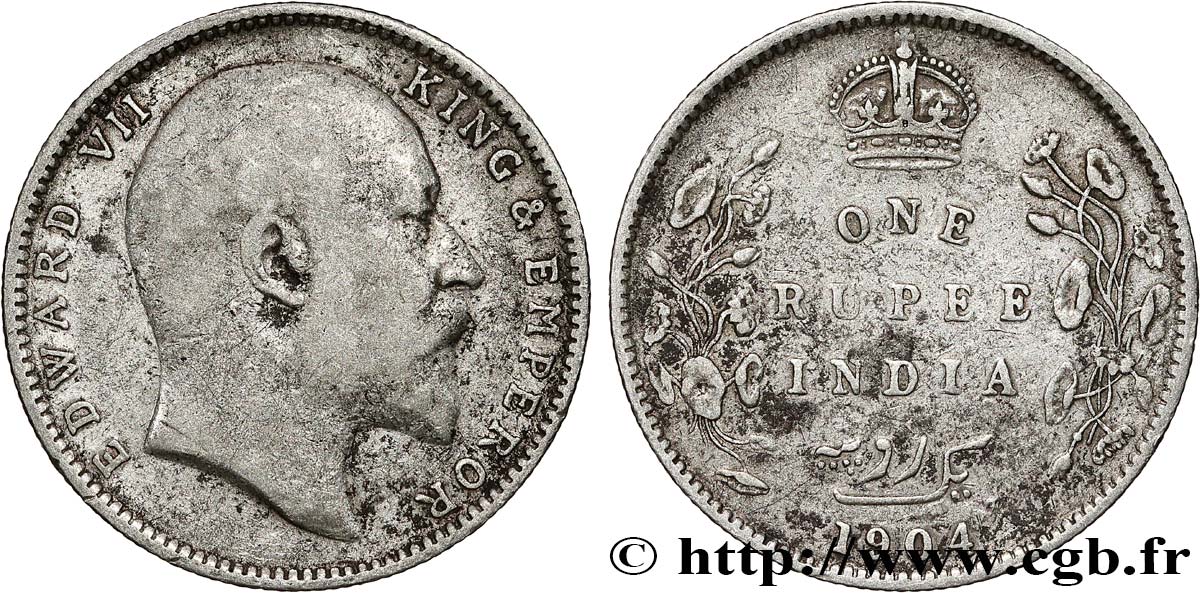 INDIA BRITANNICA 1 Rupee (Roupie) Edouard VII 1904 Bombay q.BB 