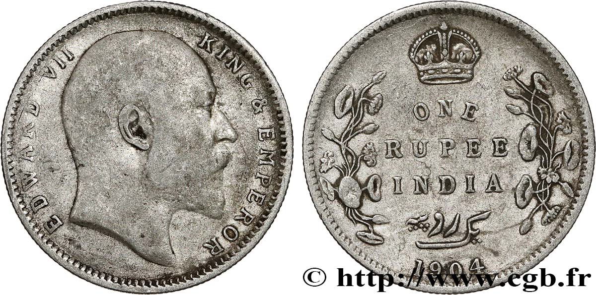 BRITISH INDIA 1 Rupee (Roupie) Edouard VII 1904 Calcutta VF 