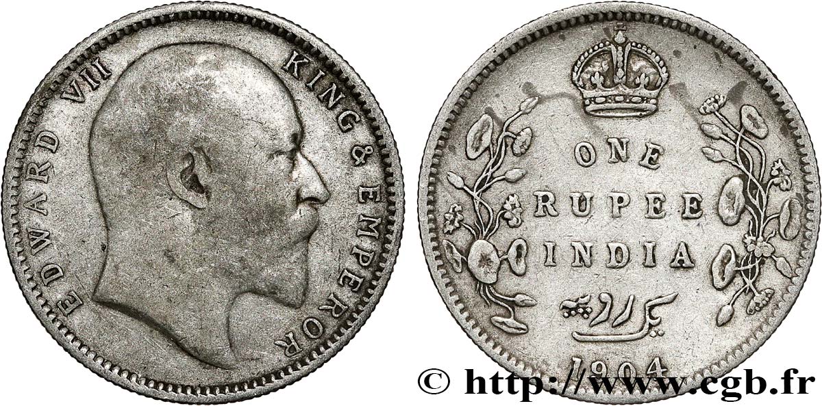 INDIA BRITANNICA 1 Rupee (Roupie) Edouard VII 1904 Calcutta q.BB 