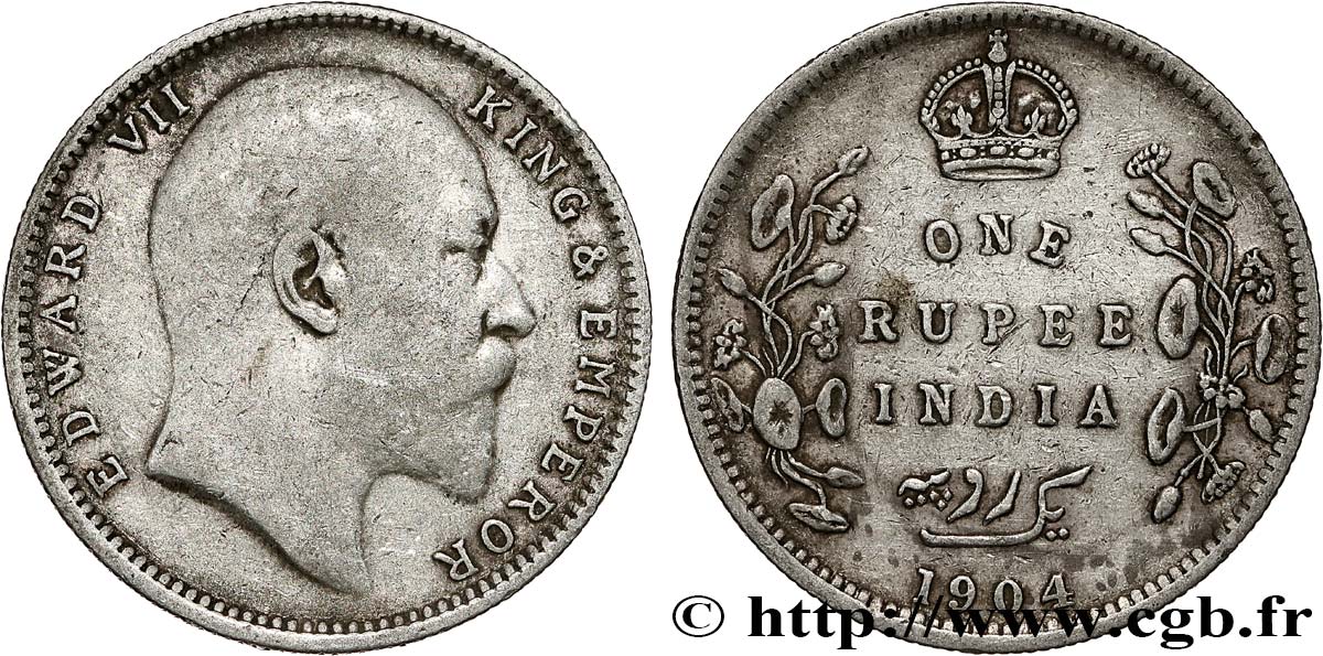 INDES BRITANNIQUES 1 Rupee (Roupie) Edouard VII 1904 Calcutta TB+ 