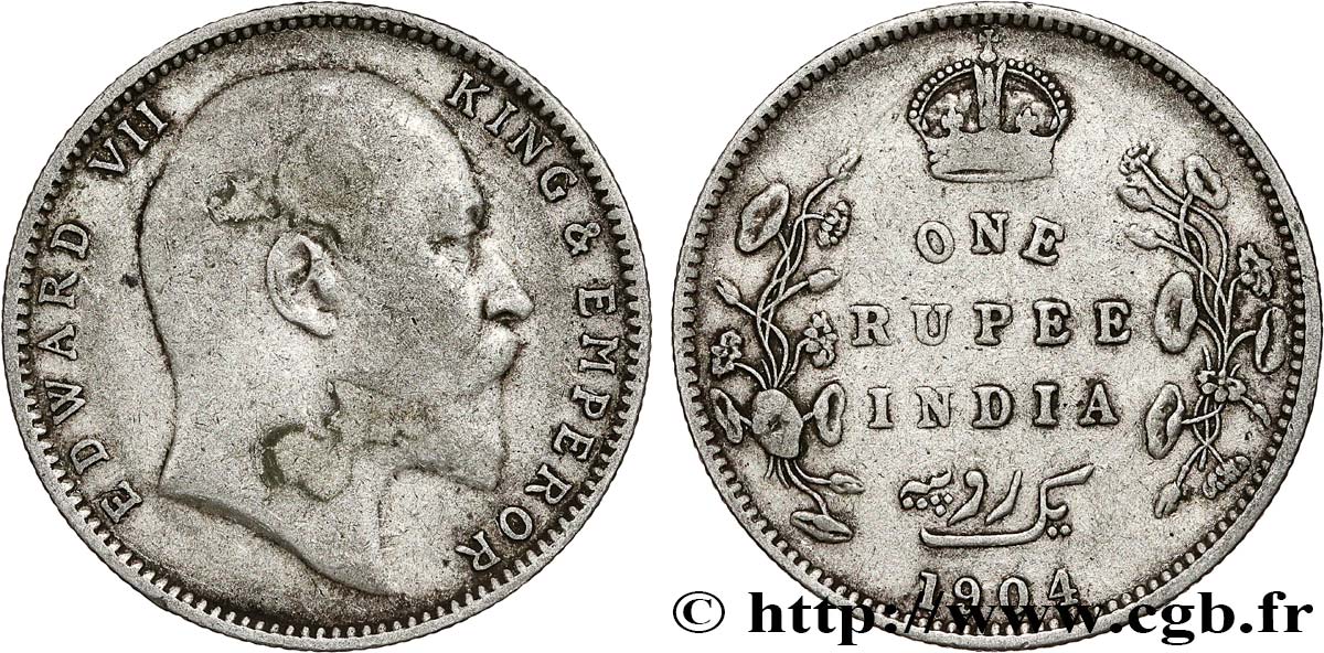 INDES BRITANNIQUES 1 Rupee (Roupie) Edouard VII 1904 Calcutta TB+ 