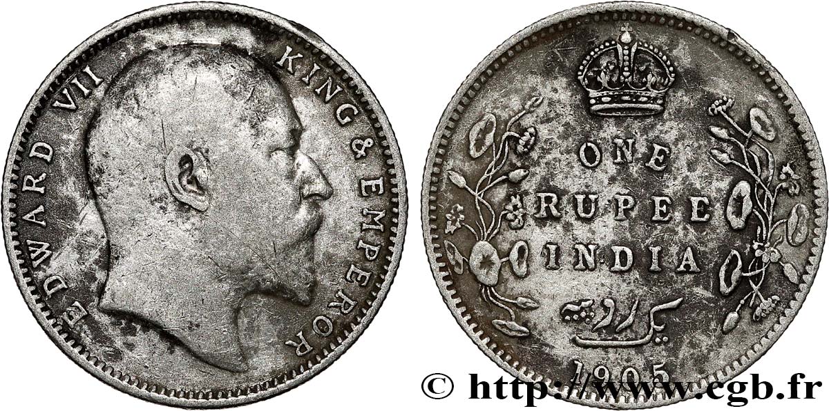 INDIA BRITANNICA 1 Rupee (Roupie) Edouard VII 1905 Calcutta MB 