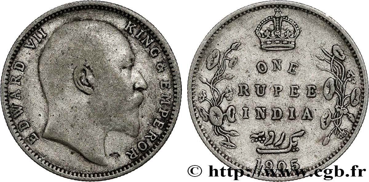 INDES BRITANNIQUES 1 Rupee (Roupie) Edouard VII 1905 Calcutta TB 