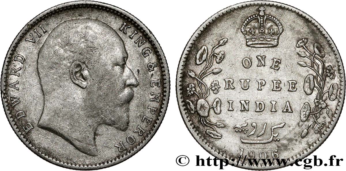 INDES BRITANNIQUES 1 Rupee (Roupie) Edouard VII 1906 Bombay TB+ 