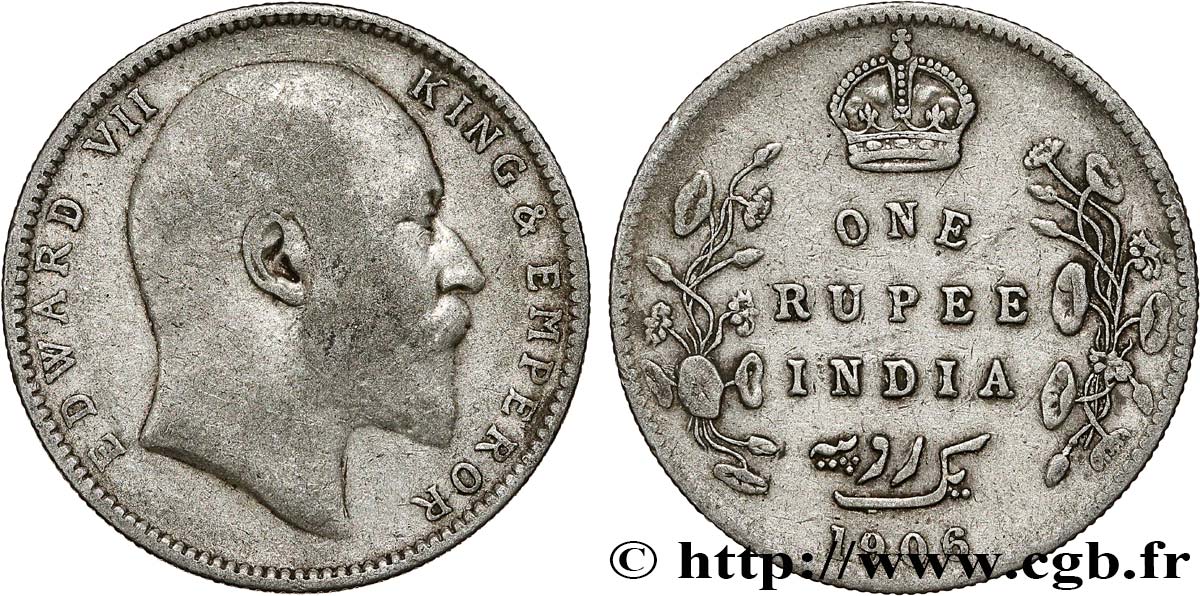 INDIA BRITANNICA 1 Rupee (Roupie) Edouard VII 1906 Calcutta q.BB 
