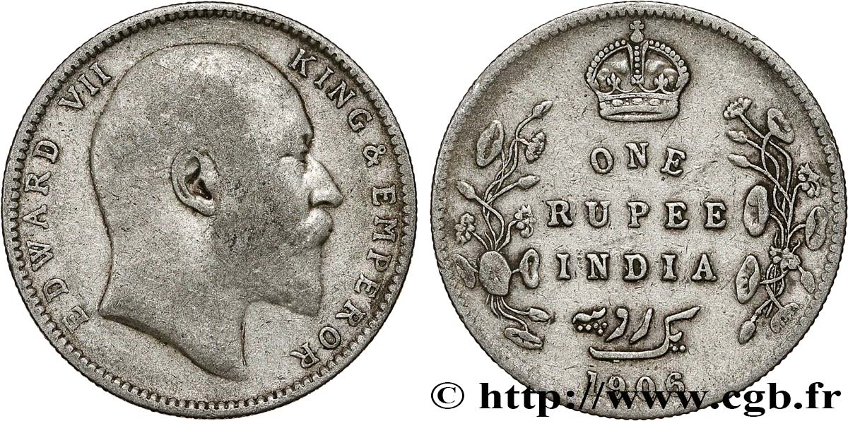 INDIA BRITÁNICA 1 Rupee (Roupie) Edouard VII 1906 Calcutta BC+ 