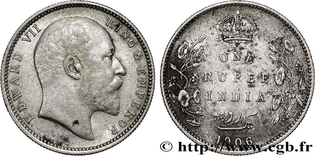 INDIA BRITANNICA 1 Rupee (Roupie) Edouard VII 1906 Calcutta q.BB 
