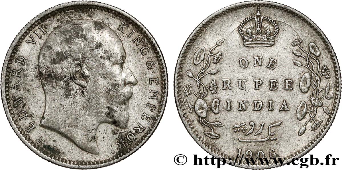 BRITISH INDIA 1 Rupee (Roupie) Edouard VII 1906 Calcutta VF 