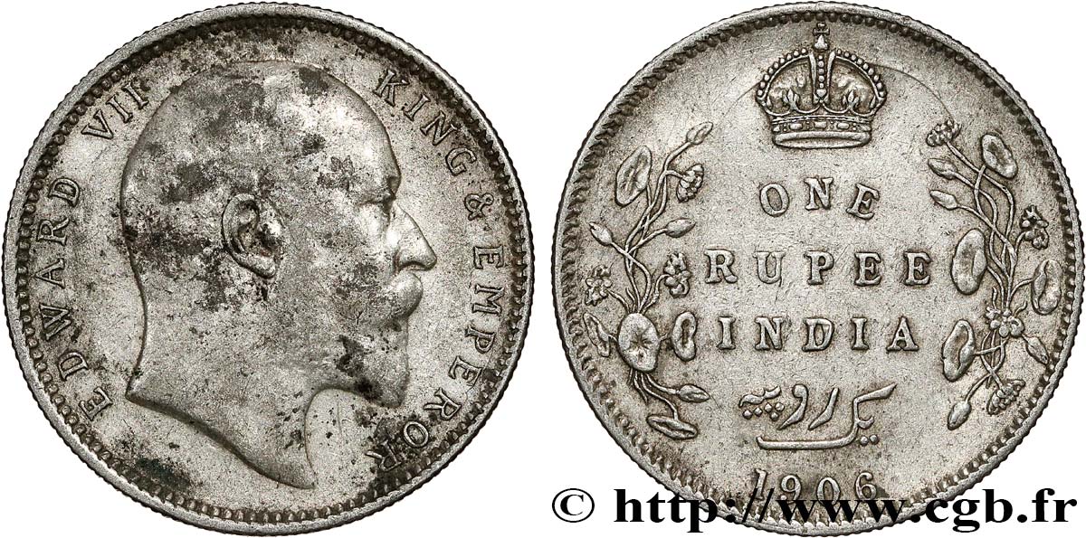 INDES BRITANNIQUES 1 Rupee (Roupie) Edouard VII 1906 Calcutta TB+ 