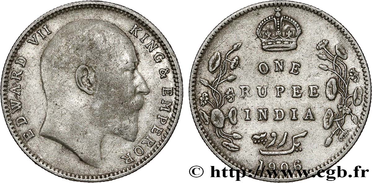 INDIA BRITANNICA 1 Rupee (Roupie) Edouard VII 1906 Bombay q.BB 