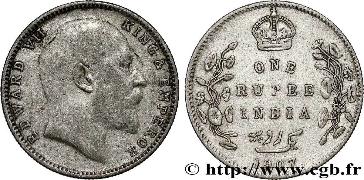 INDES BRITANNIQUES 1 Rupee (Roupie) Edouard VII 1907 Calcutta TB+ 
