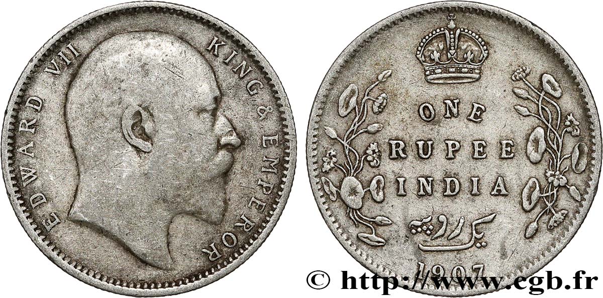 BRITISH INDIA 1 Rupee (Roupie) Edouard VII 1907 Calcutta VF 