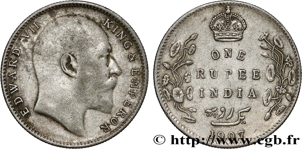 INDIA BRITANNICA 1 Rupee (Roupie) Edouard VII 1907 Bombay q.BB 