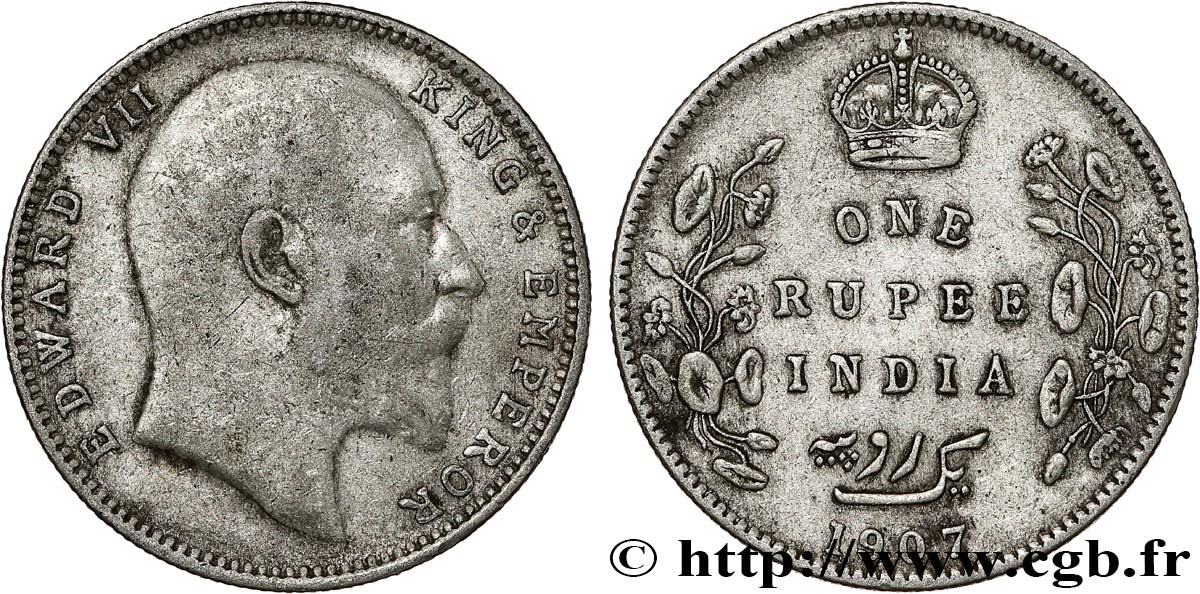 INDES BRITANNIQUES 1 Rupee (Roupie) Edouard VII 1907 Bombay TB+ 