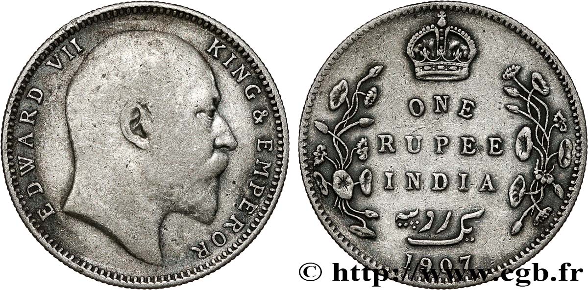 INDIA BRITANNICA 1 Rupee (Roupie) Edouard VII 1907 Bombay q.BB 