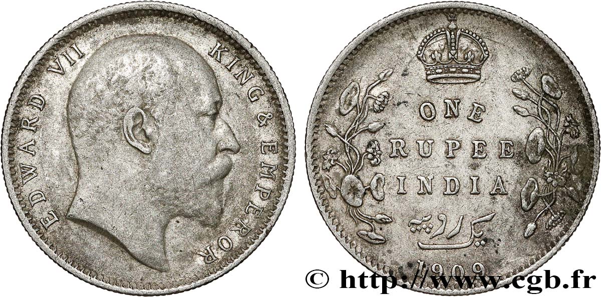 BRITISH INDIA 1 Rupee (Roupie) Edouard VII 1909 Calcutta VF 