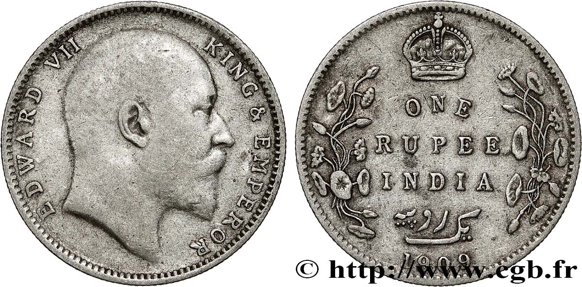 BRITISH INDIA 1 Rupee (Roupie) Edouard VII 1909 Bombay VF 