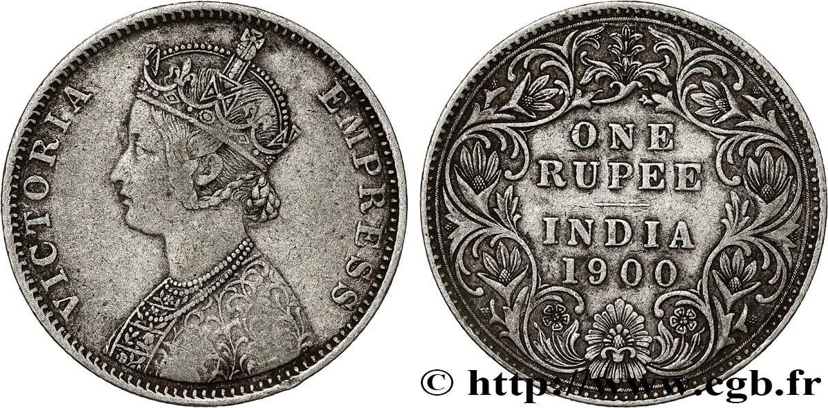 BRITISH INDIA 1 Rupee (Roupie) Victoria 1900 Bombay VF 